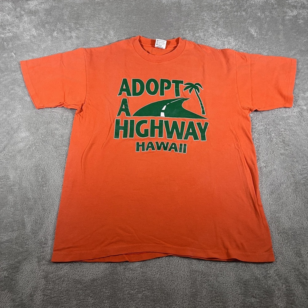 Vintage Adopt A Highway Shirt Mens Large Orange Hawaii Graphic Anvil USA‎ 90s